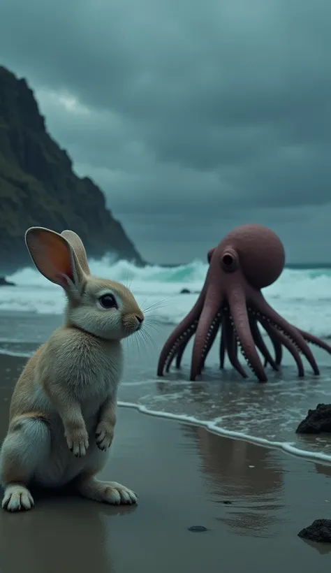 "A surreal scene where a rabbit and an octopus exist separately in the same eerie environment. The rabbit, with large, expressive ears and soft fur, stands on the sandy beach, looking cautious and alert. In contrast, the octopus, with its long, flowing ten...