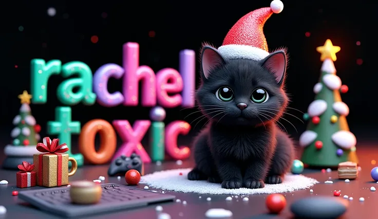 black cat,  fluffy with big eyes , Cute, 3d, on a black background, in a New Years hat , Santa Hat ,  next to big sweet letters "Rachel Toxic" green, purple, red letters, pink, blue, neon, glitter,  snow ,  christmas atmosphere , Christmas tree toys , chri...