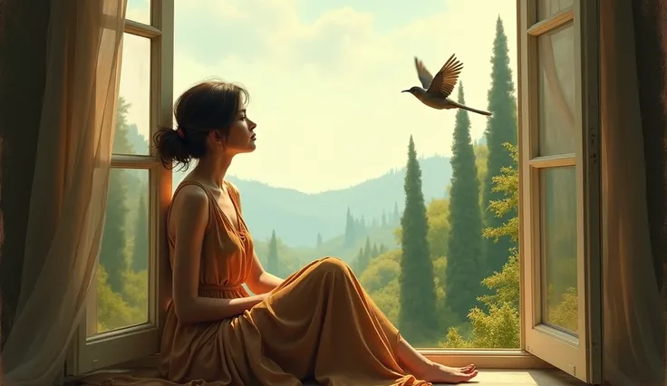 Like painting  style create serene scene of a woman sitting by a large, open window, her posture graceful and contemplative. She is dressed in a flowing, earthy-toned dress that complements the soft golden light of the setting sun. Outside the window, a mo...