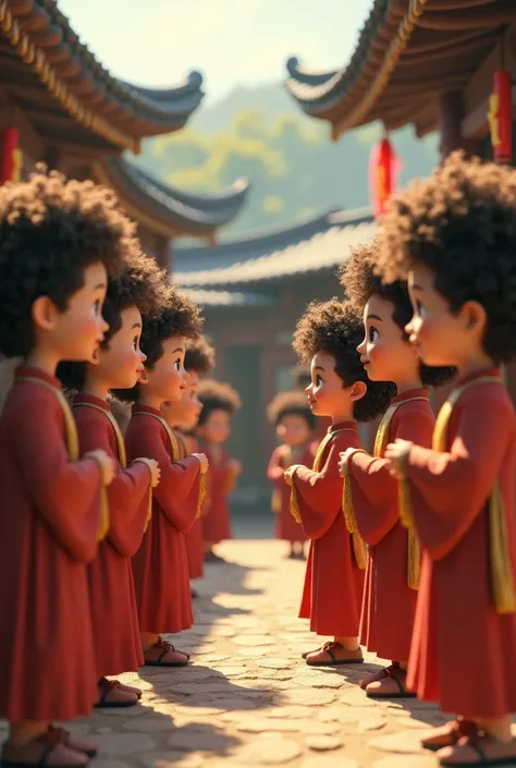 "A 3D scene of ren with curly hair respectfully greeting elders with curly hair in a traditional village setting. The ren are shown listening attentively, while the elders speak, creating an atmosphere of mutual respect and learning."