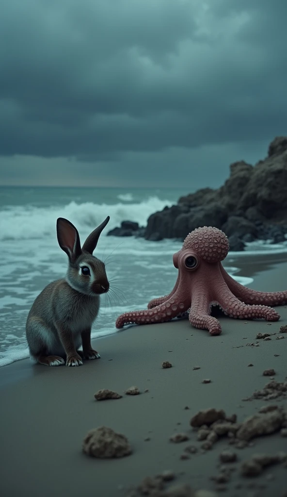 "A surreal scene where a rabbit and an octopus exist separately in the same eerie environment. The rabbit, with large, expressive ears and soft fur, stands on the sandy beach, looking cautious and alert. In contrast, the octopus, with its long, flowing ten...