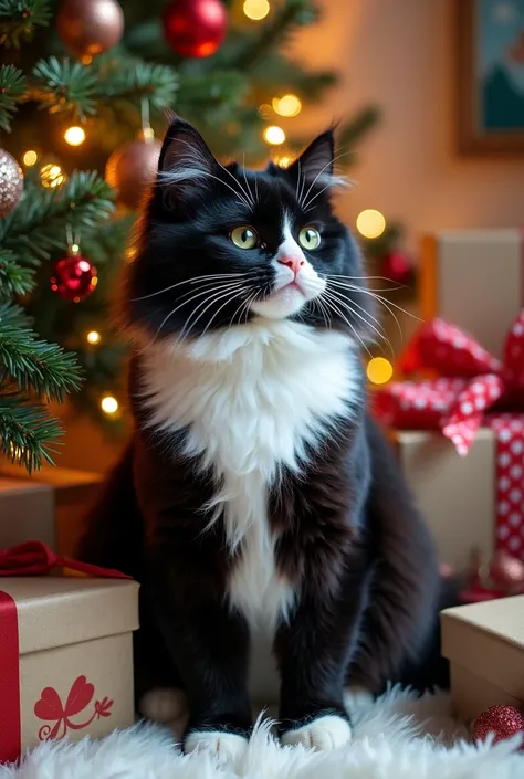 A fluffy black and white cat is sitting next to a Christmas tree, gifts, lights, artwork, very beautiful, detailed, professional photo