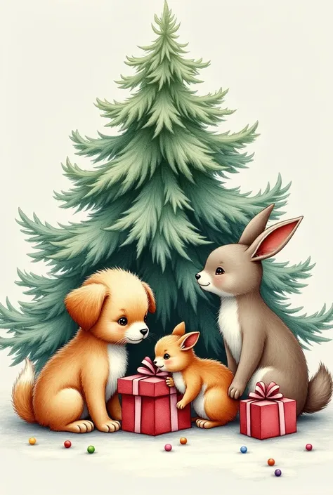 colored Christmas pencil drawing with different cute animals under a pine tree and gifts