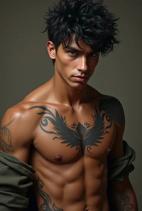 A 18 year old man who is very tall, with tan skin, ebony hair and steely gray eyes. He has black, long lashes, a sharp jaw, and strong cheekbones. He has a tattoo on his chest.