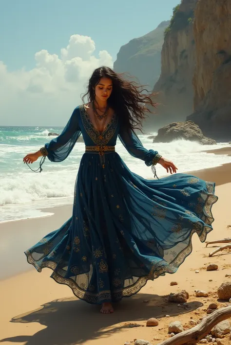 A gypsy woman dancing on the beach in a blue and black dress 