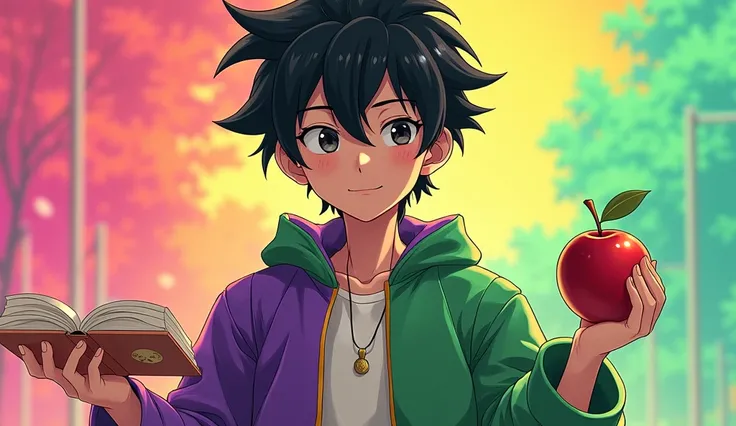 adolescent male,   black hair,   holding a book ,   holding an apple ,  clothing color green and purple,  bright colors,  realistic 