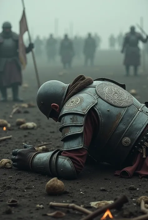 A picture of a warrior lying on the ground with his back defeated
