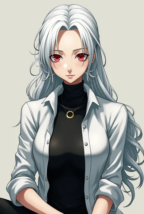 One piece/Shibusawa is a tall, young man with extremely pale skin and missing red eyes. .  He has snow-white hair that reaches his waist and is wavy to the point of almost rebellious .  Small segments of his hair are tied in braids on the side of his head ...