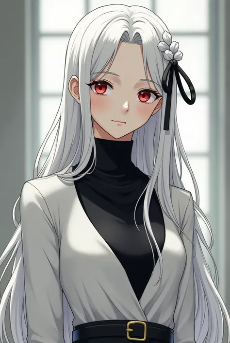 One piece/Shibusawa is a tall, young man with extremely pale skin and red eyes..  He has snow-white hair that reaches his waist and is wavy to the point of almost rebellious .  Small segments of his hair are tied in braids on the side of his head with a tu...