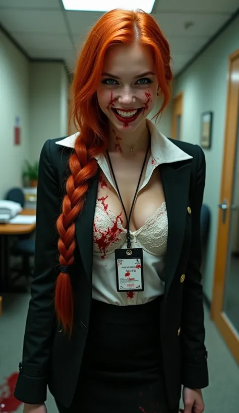 A realistic photograph of a young woman with orange hair styled long with a short braid, and striking blue eyes. She has a chilling grin and laughter with a creepy undertone, conveying dead eyes and a psychopathic horror expression. The scene is a blood-so...