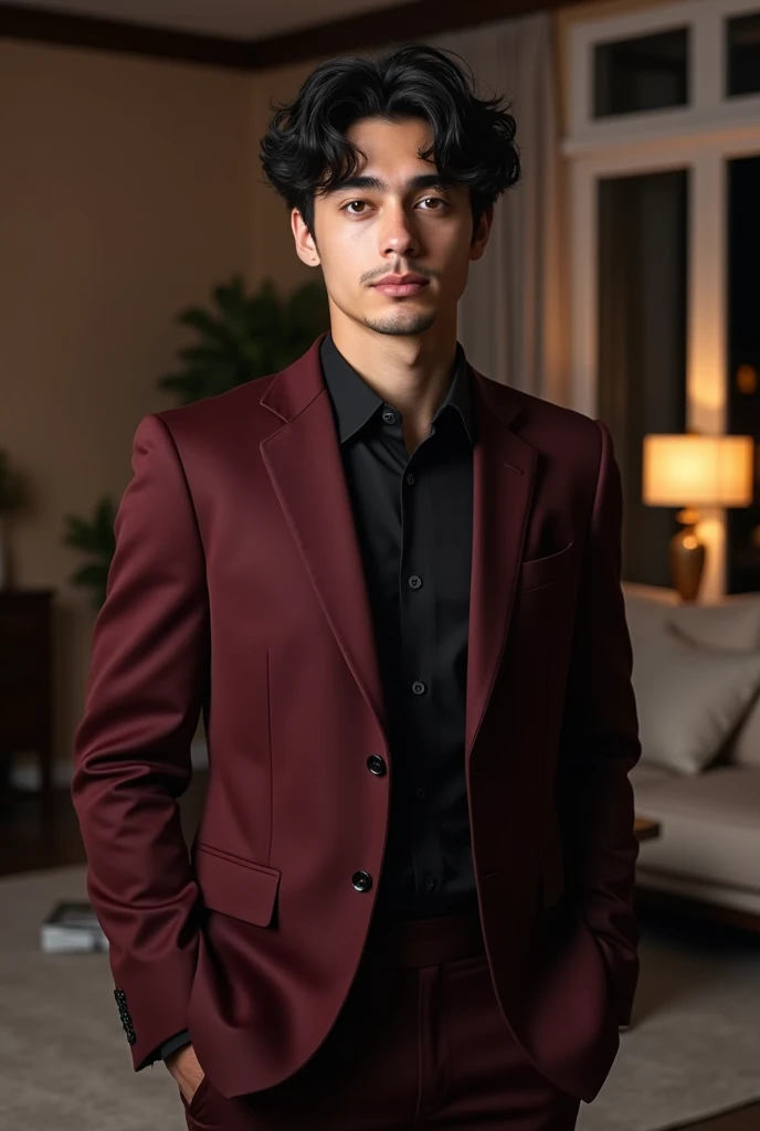  A 21-year-old boy ,  with black and slightly curly hair , Pulling wavy .  That he has a well-worked physique with strong arms .  That he wears a soft and dark maroon suit ,  with a black shirt underneath .  That the pose you are in looks natural and reali...