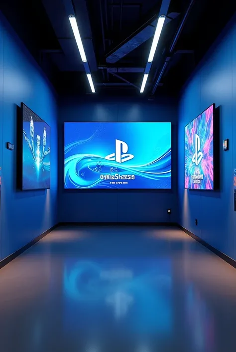 I want a decoration for a PlayStation gym shop consisting of 3 screens on each of the three sides of the shop. The screens are fixed on the shop wall in a straight line   
