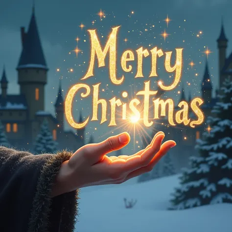 Merry Christmas words created by a magic wand, Harry Potter style 