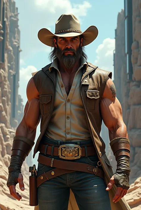 Create a cowboy hero features muscular futuristic setting wearing a cowboy hat for Spider-Mans futuristic setting