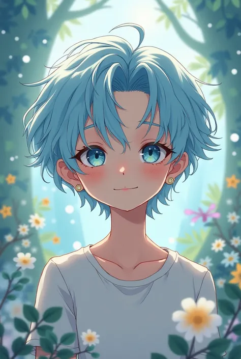 Guy,  , with shoulder-length light blue curly hair, diamond-blue eyes, fair, almost white skin, thin build. Introvert, smiles a lot, has punctures in his ear, The manhwa style 