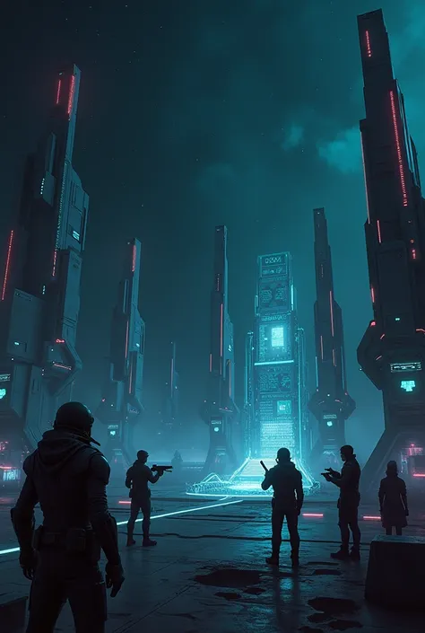 A gaming scene where it is dark in space with futuristic buildings