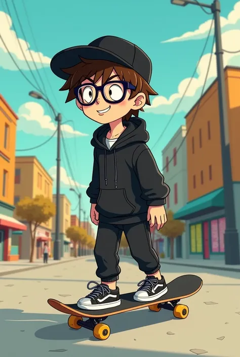 But that he wears black clothes and has a flat cap and glasses ,  that he has a skateboard and that it is like in the animated series of one more show 