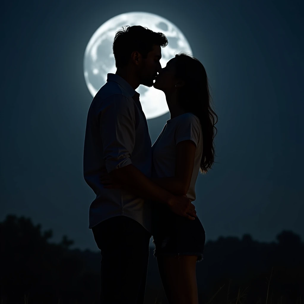 Take a picture of a couple kissing , limelight, with the full moon in the background.  He is a very handsome man and she is a beautiful young woman. They are dressed in casual clothes.  Lighting,  intricate details , clarity