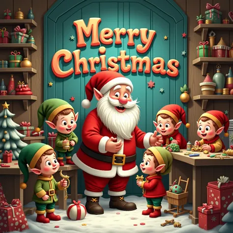 Merry Christmas words, Santa and elves, in Santa workshop 