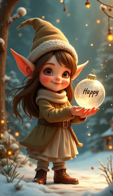 
Little elf long hair brown hat holding a transparent ball with the first name Happy written on the Christmas decoration ball