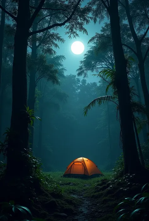 A dense, eerie jungle at night, illuminated by faint moonlight breaking through thick tree canopies. The atmosphere is silent except for the faint chirping of crickets. A small tent is set up in a clearing surrounded by tall trees and creeping vines."