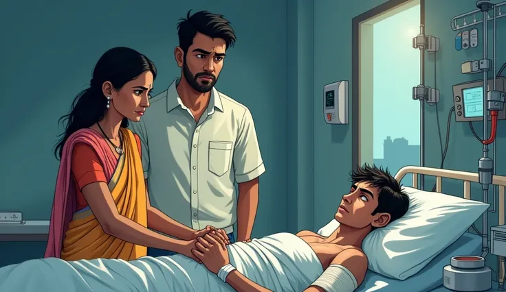 "A young Indian man lying on a hospital bed, with visible serious injuries, including bandages and an IV attached. He looks weak but conscious. Standing beside him are his parents: a middle-aged Indian woman in a simple saree with teary eyes, gently holdin...