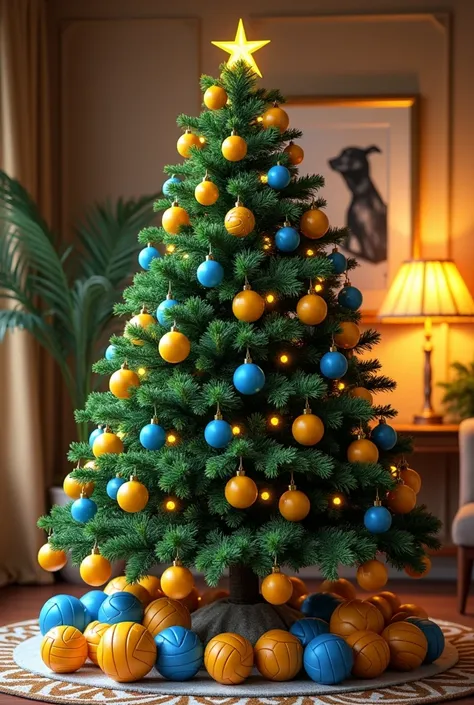  Christmas tree with only yellow and blue decorations, and volleyball balls 