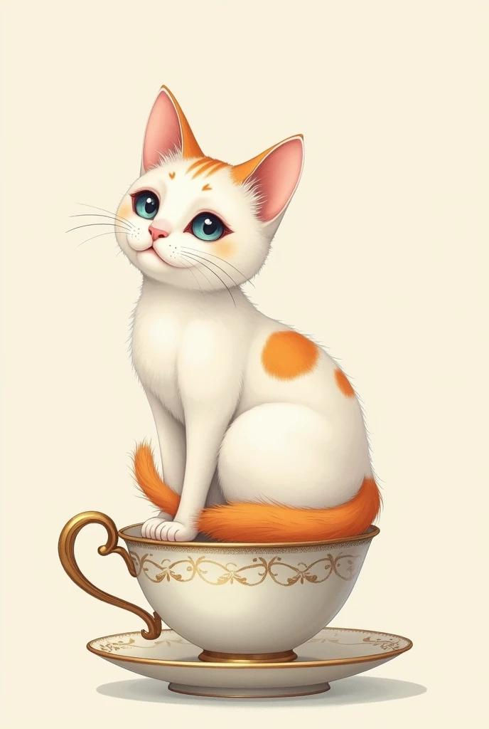 drawing of a white cat , female,  with orange spots on a cup