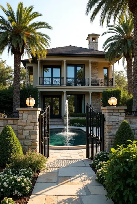 Create a image An elegant façade, surrounded by natural stone walls and a wrought-iron gate. The garden in front is lush, with light stone paths, ornamental shrubs, soft flowers and imposing trees, such as palm trees with Christmas decorations. A pond with...