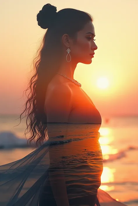  measurements,  8k Ultra HD, Beautiful double exposure combining the silhouette of a goddess with the sunset shore. With the sunset shore as the background with details incorporated into the goddess. Sharp lines. Monochromatic background. Sharp focus. Doub...