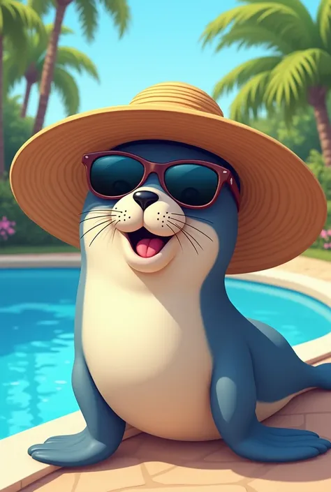 Cartoon of a seal wearing a giant hat and sunglasses next to a pool 