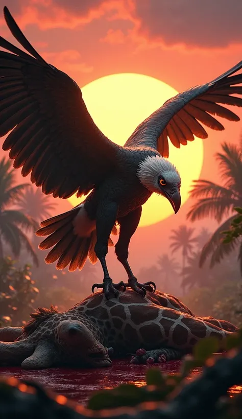 "vulture killing girrafe and standing at the chest of dead bloody giraffe in background wild jungle sun set time close ."

