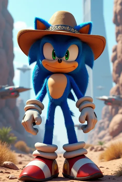 Create a hero, Sonic with a cowboy hat, features: stately, muscular Sonic WEARS a cowboy hat, futuristic setting.