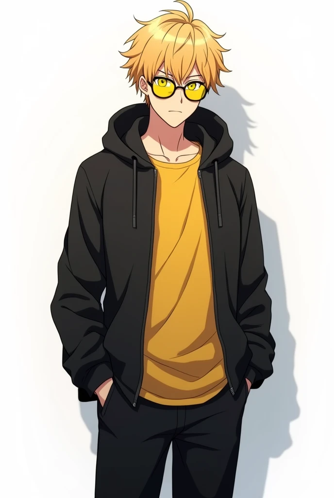 An adult men, with blonde comma hair style, wearing black hood jacket and yellow round glasses, wearing a yellow obersized t-shirt and long black pants. Stand with confidence, cold eyes. Jujutsu kaisen anime art style, anime art style, white background, so...