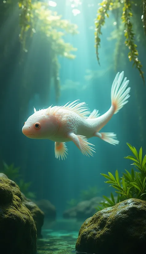 Primer plano de una obra maestra mejorada:1.5)0.9], (" Create a hyperrealistic image of an axolotl swimming quietly among the aquatic plants of a crystalline lake, illuminated by soft rays of sunlight that filter through the water . around, , you can see m...