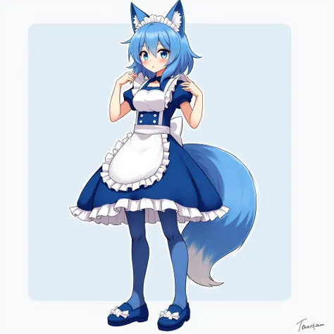 anime girl, blue eyes, big large breasts, anime style, high resolution, blue hair, blue and white long dress, dress anime, blue tights, blue womens moccasins, blue maid, standing tall,exposed bare breasts, big hyper large breasts,blue fox ears,blue fluffy ...