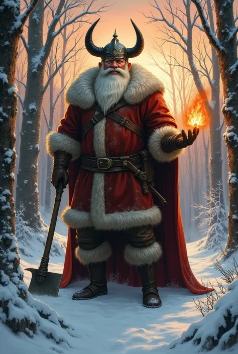 Santa claus as a gaul warlord, snowy forest. Like painting. Smiling. Burning letters MERRY CRISIS AND HAPPY NEW FEAR