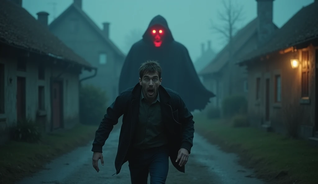 "A dramatic and eerie scene featuring a frightened man with an extremely terrified expression running away from a large, shadowy figure with glowing red eyes. The background depicts a dark, foggy village with ominous glowing lights. The man appears illumin...