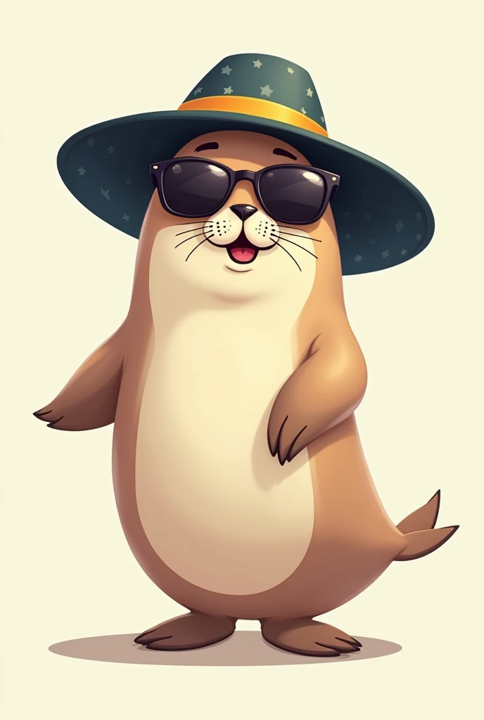 Cartoon of a seal lady wearing a giant hat and sunglasses 