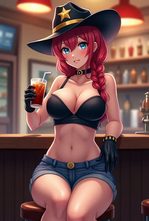 ai_generated black_gloves blue_eyes braided_ponytail cowboy_hat evilkuro05 jean_shorts long_hair policewoman red_hair  bounty hanter _badge thick_lips voluptuous_female anime hundgun,texas,bar counter,sitting on sheat, cowboy western, high quality, high de...