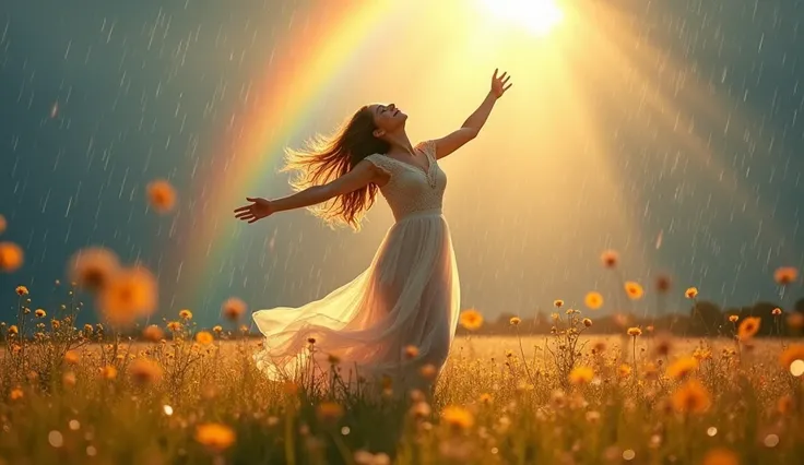 "The figure dances joyfully in a rain-soaked field under a vivid rainbow. Raindrops glisten like diamonds, and flowers bloom all around. Their arms are outstretched, face uplifted to the sky, capturing pure joy and liberation."