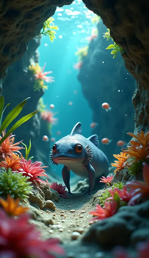 "Visualize an underwater habitat where a hyper realistic axolotl explores a small cave surrounded by colorful aquatic plants and exotic fish. The image must show precise details in the texture of the rocks and the vibrant shades of the plants ."