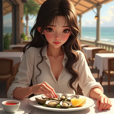 Photo, photorealistic image of a beautiful young slender girl, brown long hair, large brown eyes, eating oysters in the openair restaurant., she is looking  at the oysters in the big  plate with  sliced lemons and small cup of red sauce.  She has long, shi...