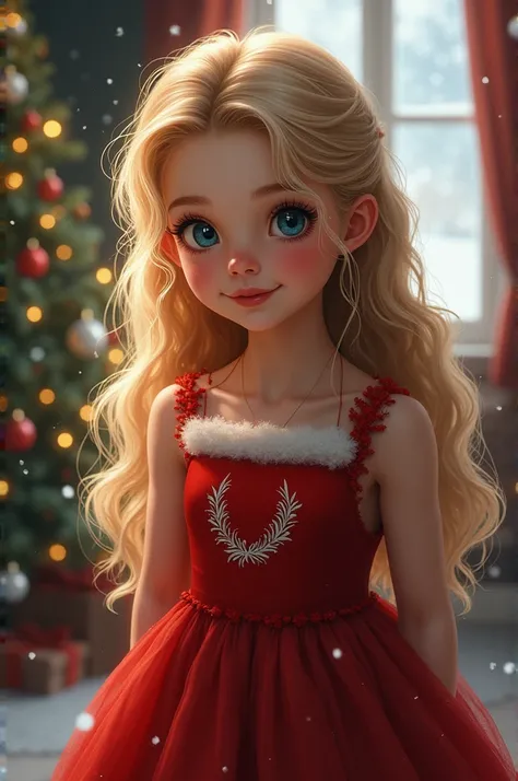 Girl in a Christmas dress with blue eyes and realistic blonde curly hair