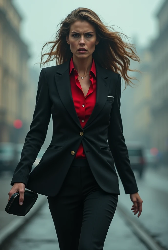 Full body 35 year old beautiful woman, brown wavy hair with blonde streaks, angry look, wearing black and red business suit walking in Moscow, stormy background with strong wind and thick fog.