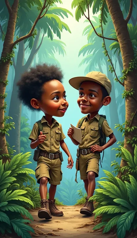 "A stylized caricature image featuring Mbappé and Haaland with exaggerated, large heads. Both are dressed in adventurous jungle explorer outfits, complete with rugged boots, khaki shirts, and cargo shorts. They are navigating through a dense, mysterious ju...