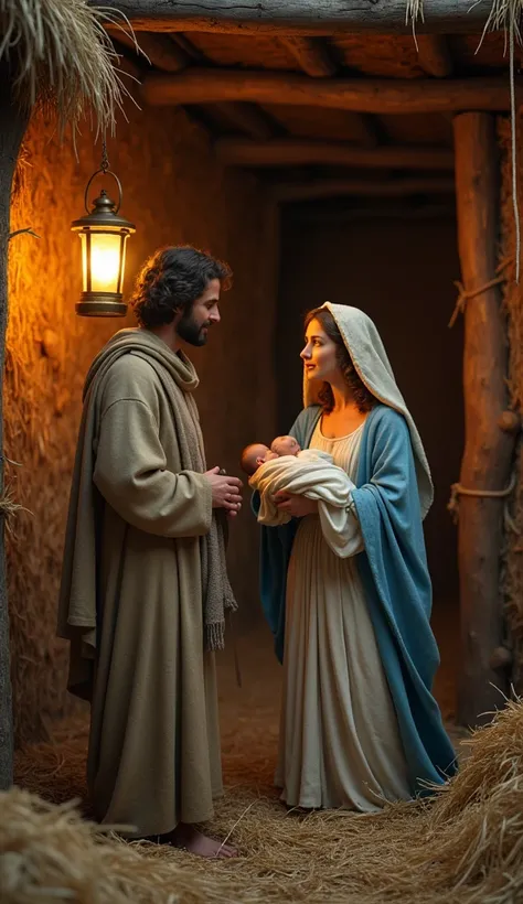 “Ultra-realistic photographic style. A serene Nativity scene inside a humble straw house with a thatched roof and walls of tightly woven hay. Mary stands gracefully, holding baby Jesus tenderly in her arms. She is dressed in textured robes of soft blue and...