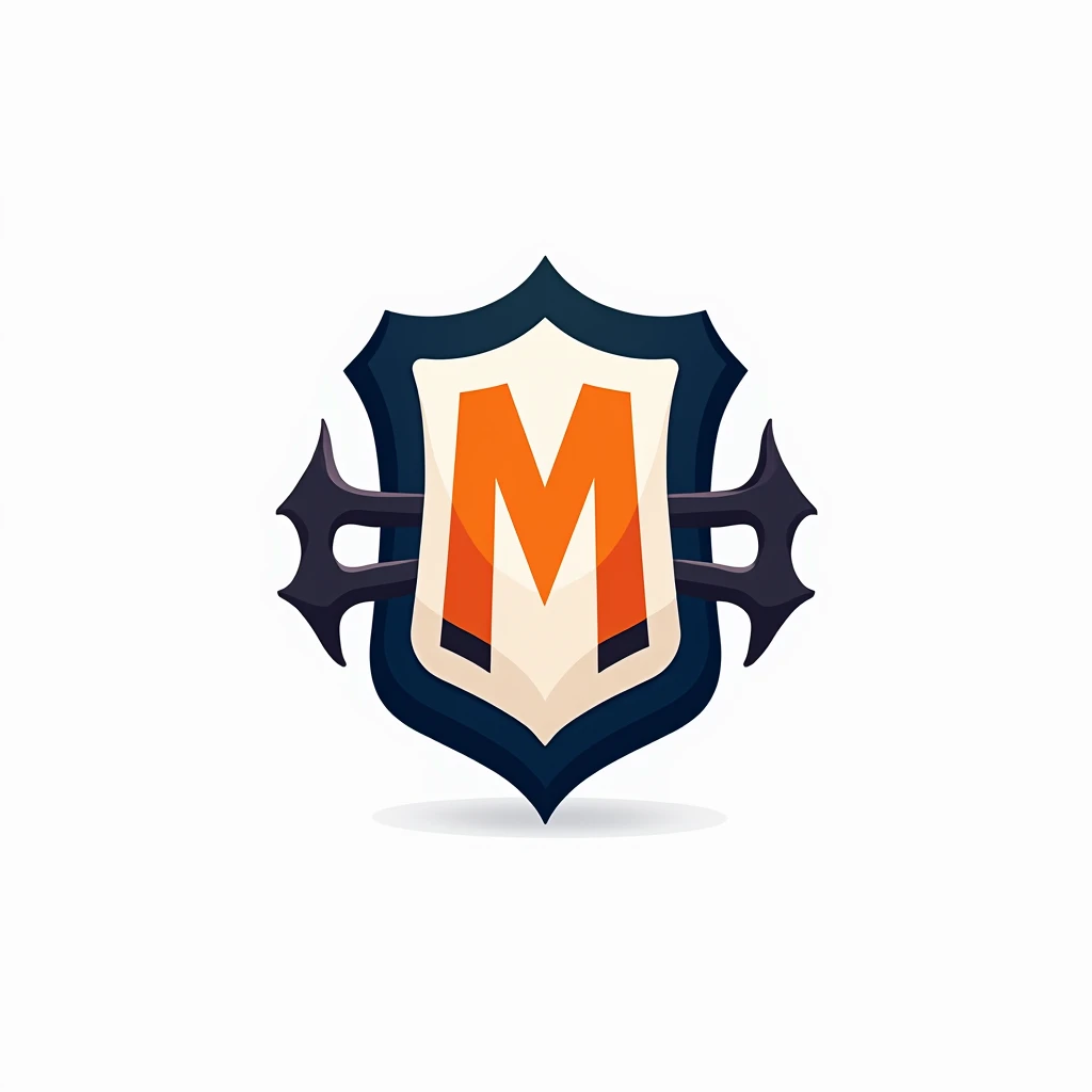 Create a flat vector, illustrative-style wordmark logo design for a delivery partner app named Mighty Captain, where the M in Mighty is stylized to resemble a shield, symbolizing strength and protection. Use bold navy blue and vibrant orange colors to conv...