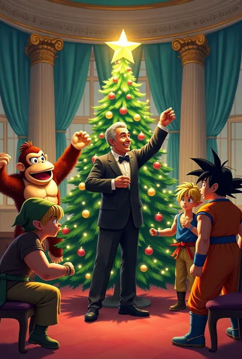 beautiful wallpaper,  by Mario Broos at a party putting the star on a Christmas tree, Youre watching , Donkey Kong, zelda, And Goku from Dragon Ball Z .  who looks as if he were in real life