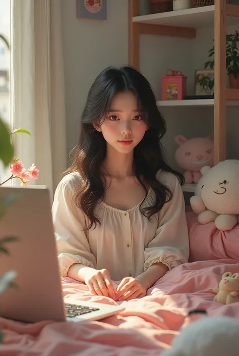 Create a 25-year-old white-tea girl of Asian origin in her room with stuffed animals and a gaming PC